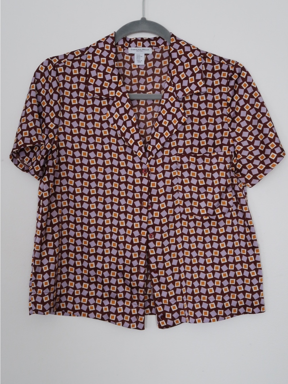 Carolina Belle Burgundy and Cream Geometric Button-Down Top